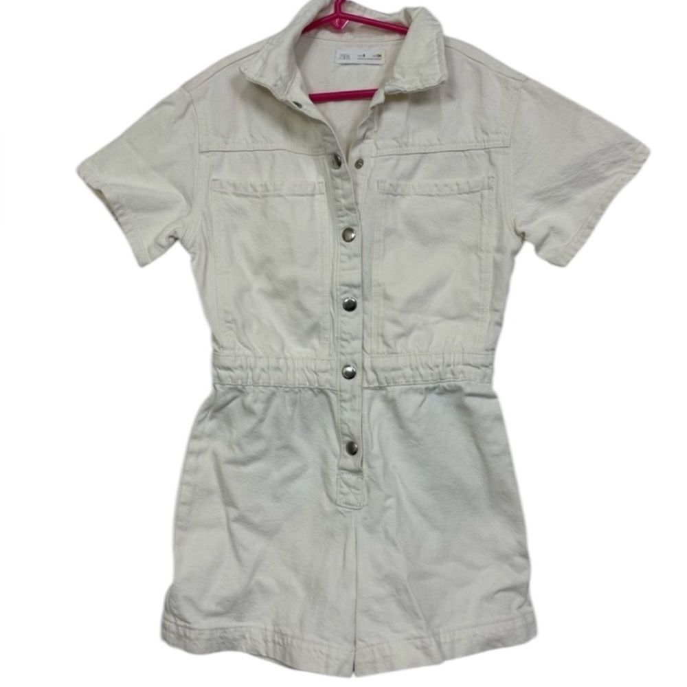 Zara Girls White One Piece Denim Romper Jumpsuit Size 9